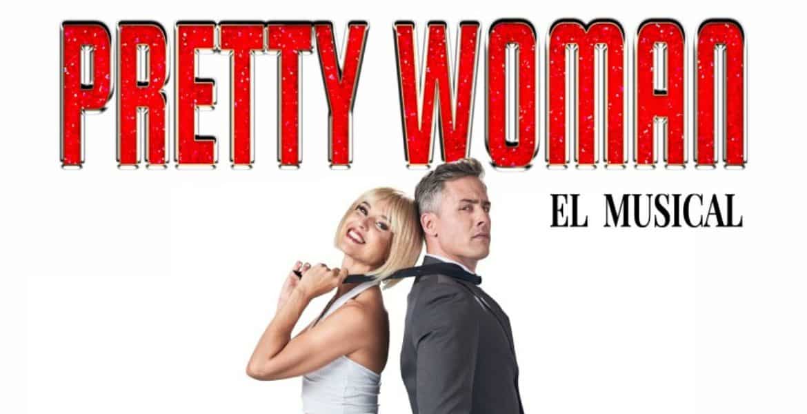 Diversión en el musical Pretty Woman en Madrid Río, en un cartel con personajes principales, ambiente de teatro y entretenimiento en Madrid.