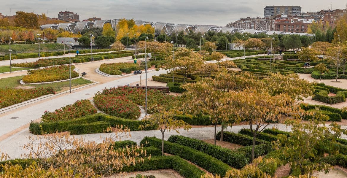 Jardín urbano en Madrid Río con senderos, árboles otoñales y áreas verdes, ideal para relajarse, pasear y disfrutar de la naturaleza en la ciudad.