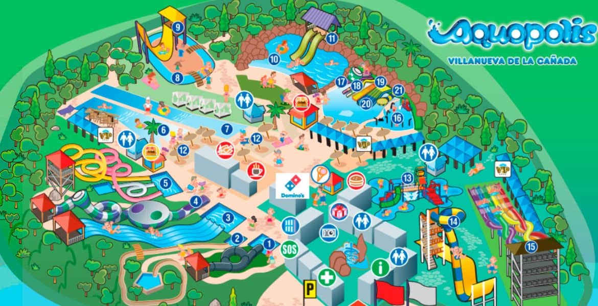 Zambullidas y toboganes en Aquopolis Villanueva de la Cañada, parque acuático con áreas recreativas, atracciones acuáticas y zonas de descanso en Madrid.