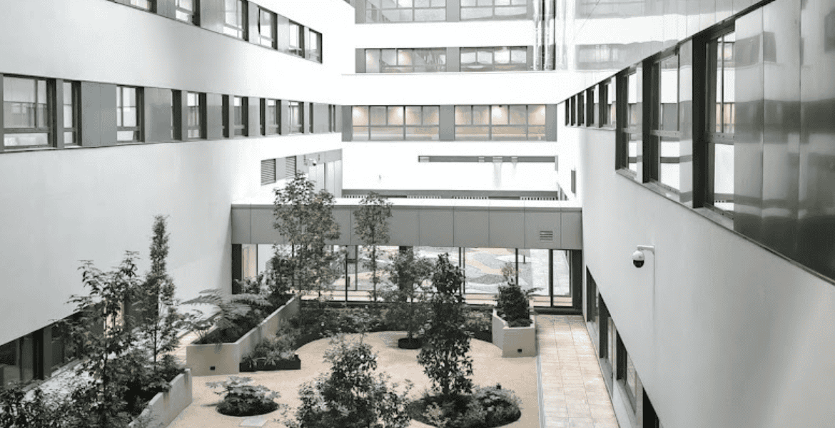 Moderno interior del hotel Madrid Río con zonas verdes y amplios ventanales para una estancia confortable en Madrid.