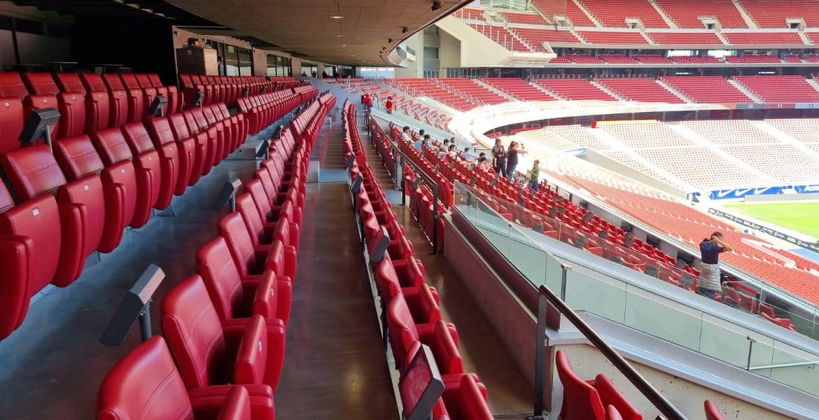 Modern stadium seats for football matches at Hotel Madrid Río in Madrid Spain.