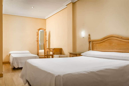 Habitación doble con mobiliario en madera y estilo clásico, ideal para una estancia confortable en el Hotel Madrid Río.